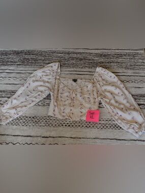 wild fable Cream Floral Puff-Sleeve Tie-Front Crop Top